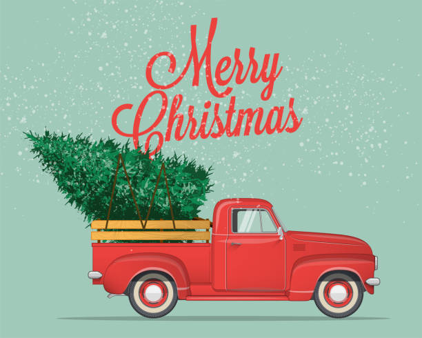 illustrazioni stock, clip art, cartoni animati e icone di tendenza di modello cartolina o poster o volantino di buon natale e felice anno nuovo con pick-up con albero di natale. illustrazione vettoriale in stile vintage. - furgone pickup