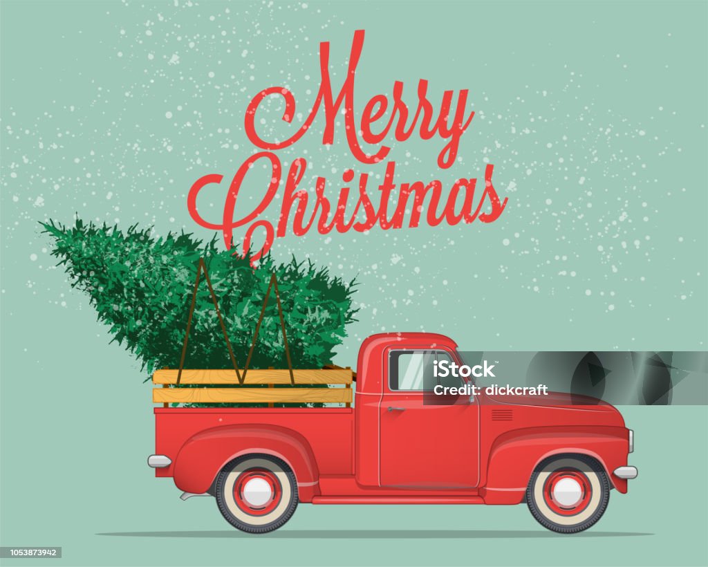 Merry Christmas and Happy New Year Postcard or Poster or Flyer template with  pickup truck with christmas tree. Vintage styled vector illustration. Merry Christmas and Happy New Year Postcard or Poster or Flyer template with retro pickup truck with christmas tree. Vintage styled vector illustration. Christmas stock vector