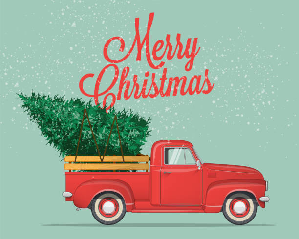 Merry Christmas and Happy New Year Postcard or Poster or Flyer template with  pickup truck with christmas tree. Vintage styled vector illustration. Merry Christmas and Happy New Year Postcard or Poster or Flyer template with retro pickup truck with christmas tree. Vintage styled vector illustration. pick up truck stock illustrations