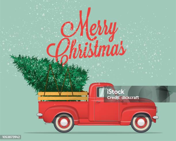 Merry Christmas And Happy New Year Postcard Or Poster Or Flyer Template With Pickup Truck With Christmas Tree Vintage Styled Vector Illustration Stock Illustration - Download Image Now