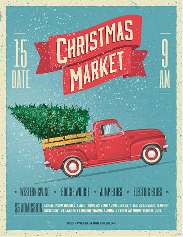 Vintage Styled Christmas Market Poster or Flyer Template with retro red pickup truck with christmas tree on board. Vector EPS 10 illustration.