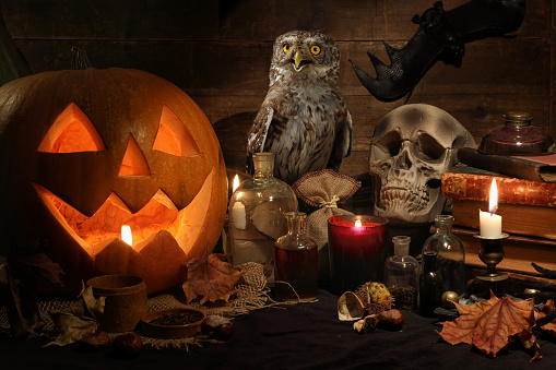 Scary still life with skull, pumpkin, old books, maple leaves, vintage bottles, candles and a Eurasian scops owl sitting on a witch table. Halloween or esoteric concept.