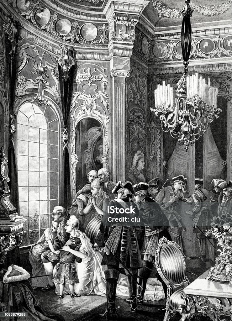 Louis XVI with his family during the Versailles Uprising on the morning of 6 October 1989 Illustration from 19th century Versailles stock illustration