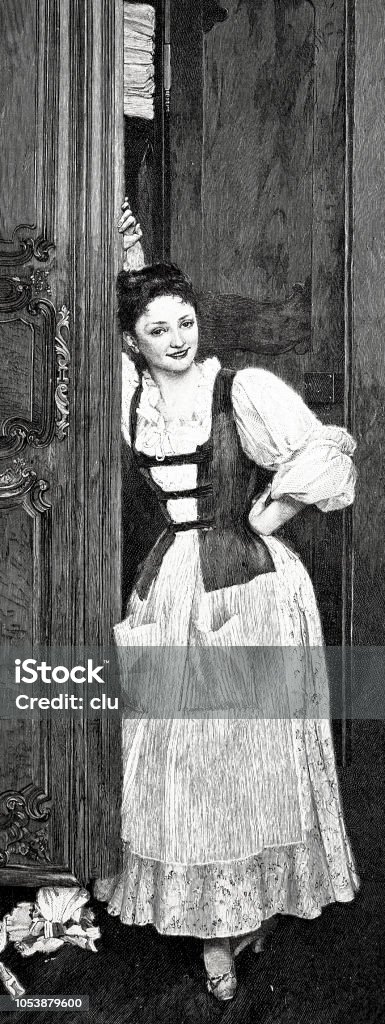 Housemaid posing at the cupboard door during laundry storage Illustration from 19th century 19th Century stock illustration