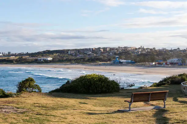 Empty bench with Maroubra Beach view. Sydney, Australia.