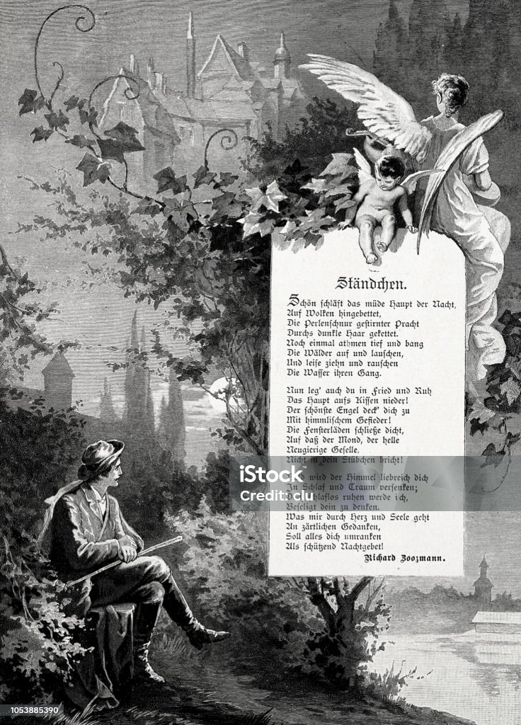 A poem or song for a good night's sleep Illustration from 19th century Angel stock illustration