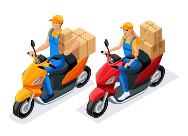istock Isometric man and woman in uniform ride on scooters with cardboard boxes, the work of the delivery service. Delivery Concept. Fast delivery van. Delivery man 1053888266