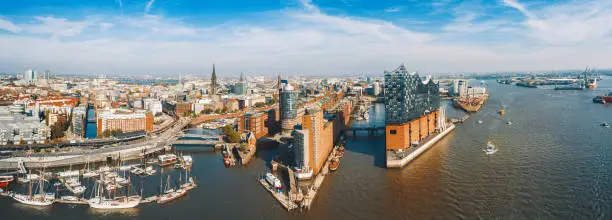 Wide panoramic drone view over the river on Hamburg Hafen city