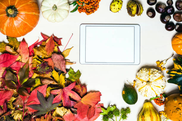 istock Moody, autumn background with colorful leaves and blank tablet with copy space 1053893614