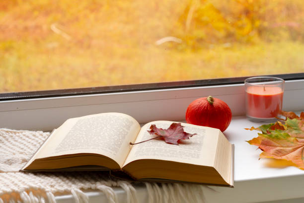 istock autumn still life. books, leaves, cup and candlestick on window. 1053900478