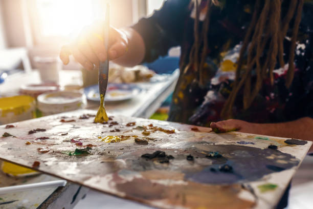 Painting, hand holding a palette and brush