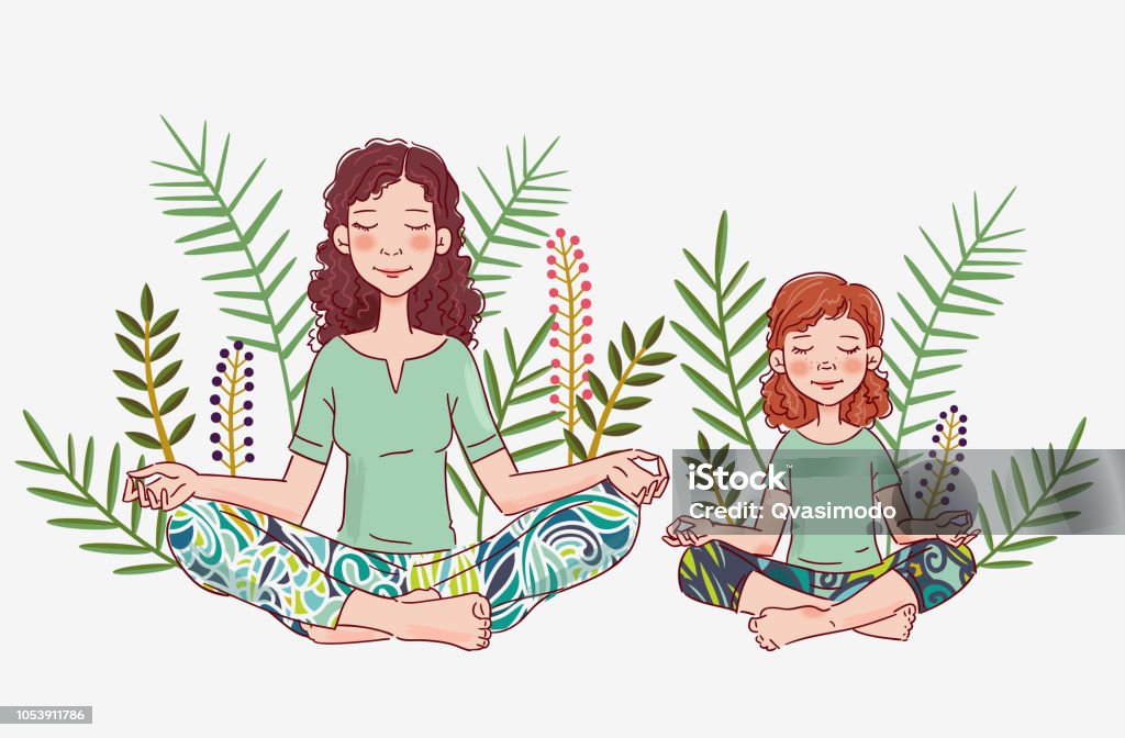 Mother and daughter doing yoga. Family yoga vector illustration Yoga stock vector