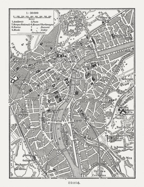 Historical city map of Liège (German: Lüttich), Belgium, published 1897 Historical city map of Liège (German: Lüttich), capital of Belgium. Wood engraving, publishedin 1897. liege belgium stock illustrations