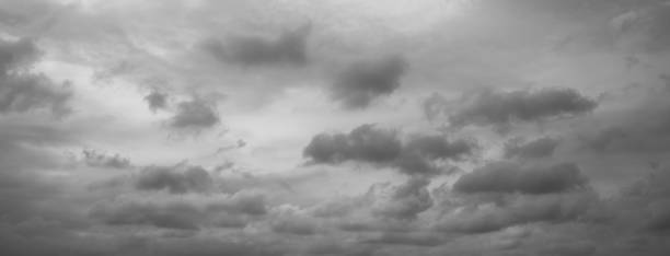 Panorama of beautiful thunder clouds. Grey overcast dramatic sky.
