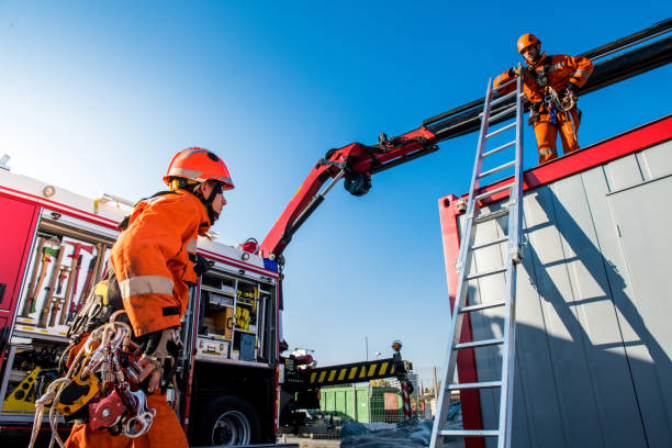 istock Firefighters in a rescue operation - accident on the roof 1053914106
