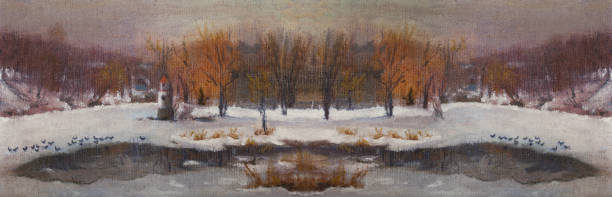 зимний пейзаж с птицами и рекой. - illustration and painting panoramic sky snow stock illustrations