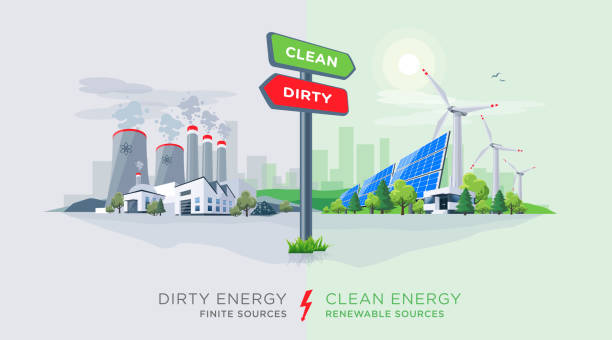 ilustrações de stock, clip art, desenhos animados e ícones de comparing clean renewable and dirty polluting energy plants with directional sign - factory environment city environmental conservation