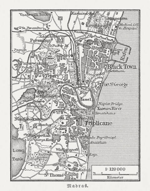 istock Historical city map Chennai (Madras), India, wood engraving, published 1897 1053921844