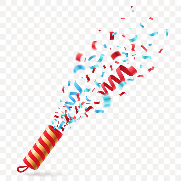 Party cracker with colorful Confetti. Exploding festive Popper isolated on transparent background. The element of celebrating a new year, birthday, anniversary. Vector illustration. Party cracker with colorful Confetti. Exploding festive Popper isolated on transparent background. The element of celebrating a new year, birthday, anniversary. Vector illustration. party popper stock illustrations