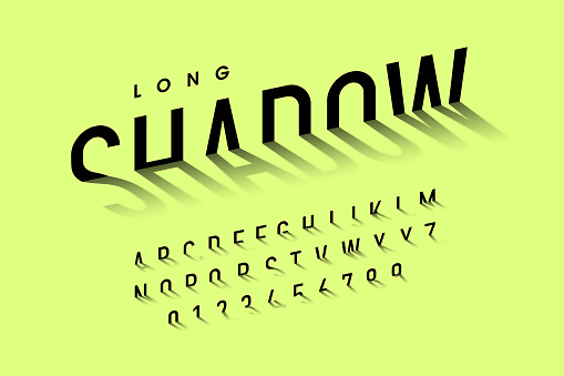 Long shadow style font, alphabet letters and numbers vector illustration