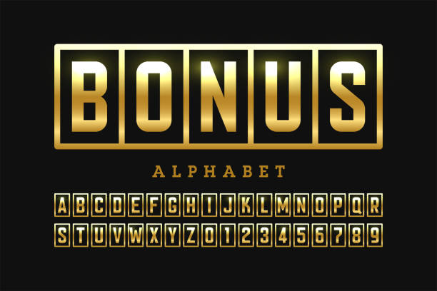 Welcome Bonus font Welcome Bonus casino banner design font, slot machine style alphabet letters and numbers vector illustration jackpot text stock illustrations