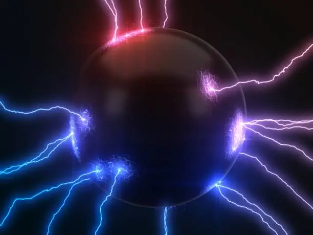 Photo of powerful lightning strikes on sphere and makes cracks on surface of sphere. dual color version, 3d illustration