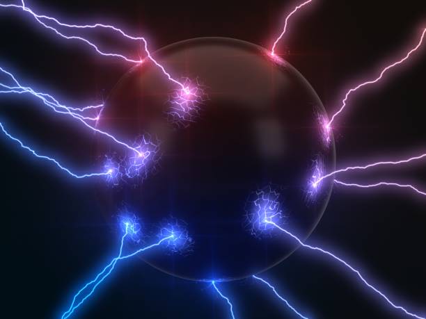 istock powerful lightning strikes on sphere and makes cracks on surface of sphere. dual color version, 3d illustration 1053925190