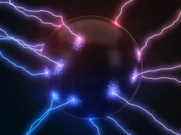 Photo of powerful lightning strikes on sphere and makes cracks on surface of sphere. dual color version, 3d illustration