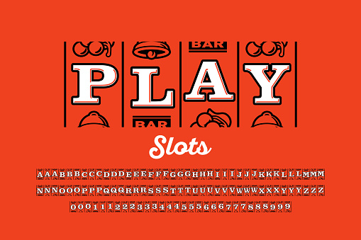 Slot machine style font, alphabet letters and numbers vector illustration