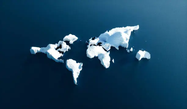 Effect of global warming in nature. Conceptual image of melting world shaped glacier in deep blue water. 3d illustration.