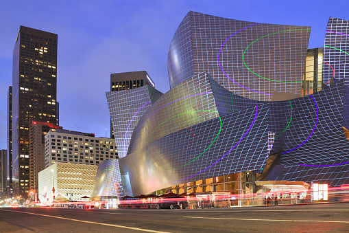 Los Angeles, USA - October 6, 2018: Grand Avenue streetscape featuring the Walt Disney Concert Hall. Designed by Frank Gehry and opened in 2003, this is one of the four venues of the Los Angeles Music Center. It is home to the Los Angeles Philharmonic and the Los Angeles Master Chorale.