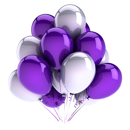 helium balloon bunch birthday party decoration white purple blue. holiday, carnival symbol. 3d rendering