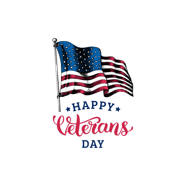 Happy Veterans Day, hand lettering with USA flag illustration in engraving style. November 11 holiday background. Happy Veterans Day, hand lettering with USA flag illustration in engraving style. November 11 holiday background. Poster, greeting card in vector. veterans day logo stock illustrations