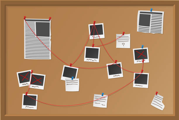 ilustraciones, imágenes clip art, dibujos animados e iconos de stock de tablero de la investigación con pinned fotos, diarios y notas. policías plan para resolver el crimen. ilustración de vector de mapa detective. - infraccion