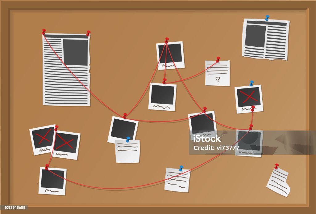 Investigation board with pinned photos, newspapers and notes. Cops plan for solve the crime. Detective map vector illustration. Investigation board with pinned photos, newspapers and notes. Detective map vector illustration. Cops plan for solve the crime. Chalkboard - Visual Aid stock vector