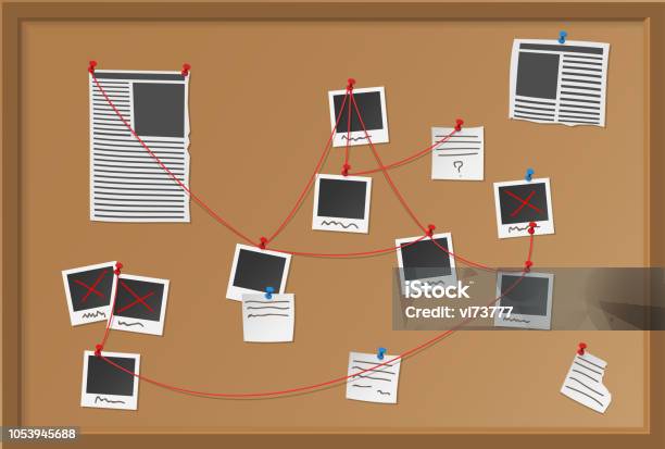 Investigation Board With Pinned Photos Newspapers And Notes Cops Plan For Solve The Crime Detective Map Vector Illustration Stock Illustration - Download Image Now