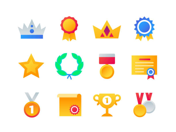 Victory concept - set of flat design style icons Victory concept - set of flat design style icons on white background. High quality colorful bright images with a badge, medals, cup, crown, diploma, laurel wreath, certificate. Decorations for winners good job emoji stock illustrations