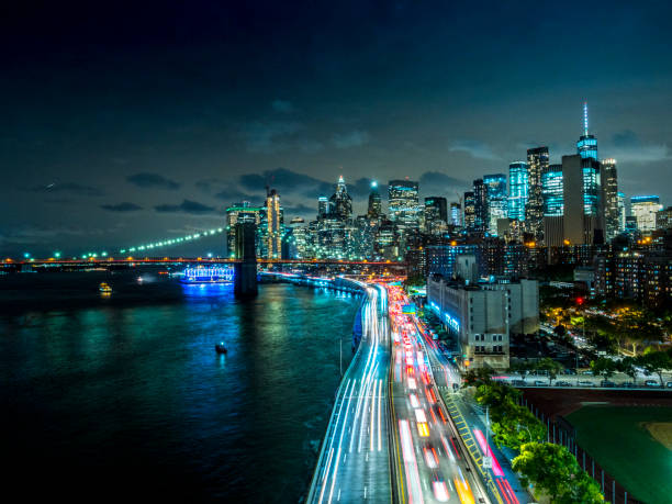 new york downtown skyline - aerial view after sunset - manhattan new york city night skyline imagens e fotografias de stock
