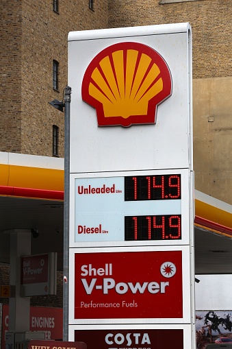 Petrol prices at Shell gas station in London. Royal Dutch Shell is a large multinational oil company.