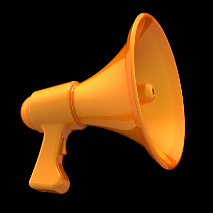 megaphone yellow communication news blog loudspeaker bullhorn stylish orange. message amplifier, announcement PR broadcasting icon concept. 3d rendering, isolated on black