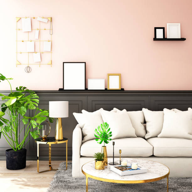 istock interior design for living area or reception with sofa,plant,sidetable,props on wood floor and pink and black in Scandinavian style background  / 3d illustration,3d rendering 1053955330