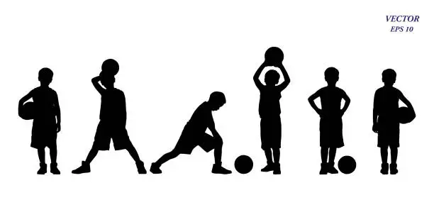 Vector illustration of Set of basketball players silhouette of kids. Isolated on white background.