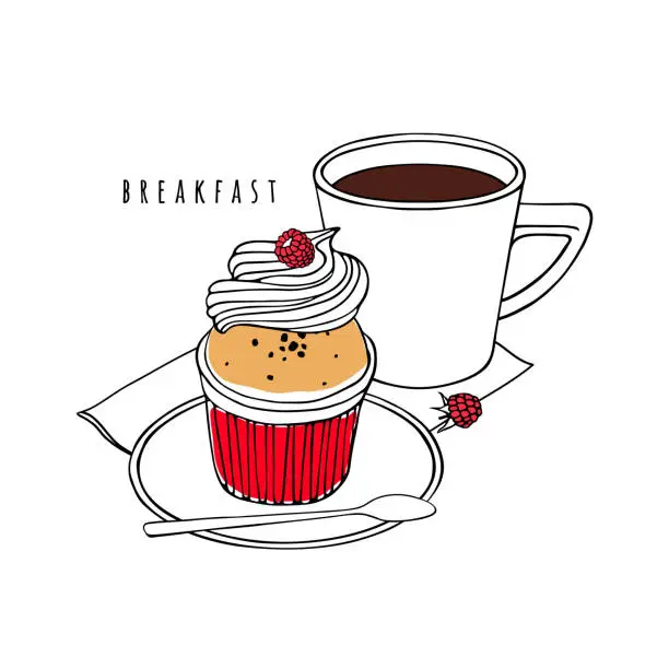 Vector illustration of Cupcake with whipped cream and raspberries. A cup of coffee with a saucer, spoon and napkin. Hand drawn vector illustration.