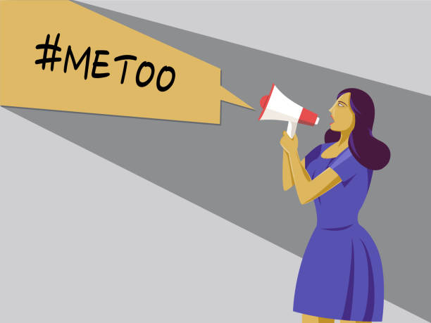 Woman announce 'me too' loud through a megaphone Woman announce 'me too' loud through a megaphone me too social movement stock illustrations