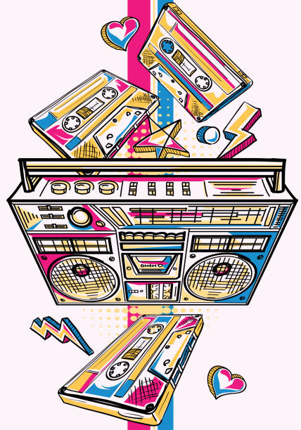 illustrazioni stock, clip art, cartoni animati e icone di tendenza di boom box e audiocassette disegnati funky - 1980s style funky 1990s style boom box