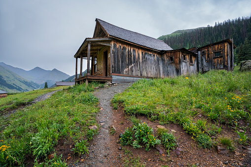 Ghost town built in 1873 located 12 miles from Silverton on the narrow Alpine Loop road, at over 11,000 ft elevation is one of the highest mining camps in Western USA, Animas Forks, Colorado, USA