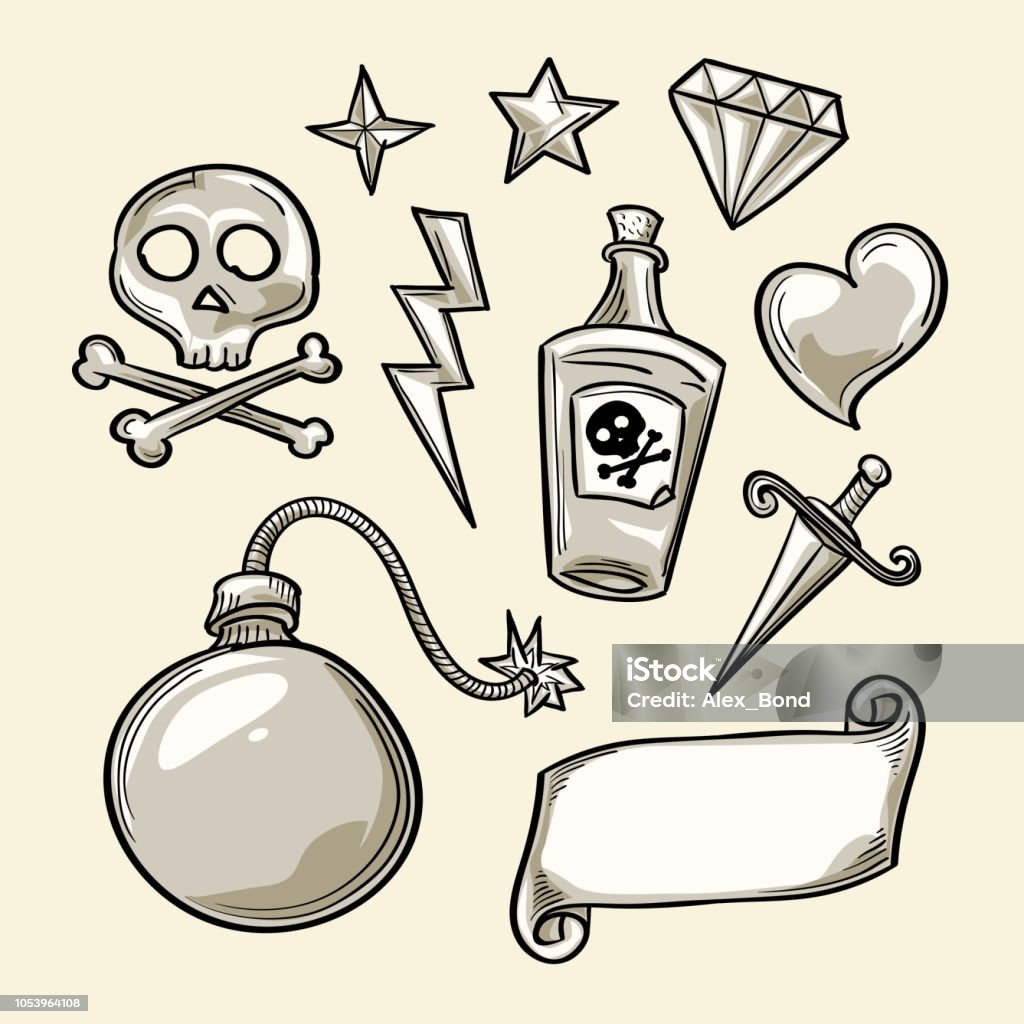Set Of Monochrome Old School Tattoo Cartoon Icons Stock Illustration -  Download Image Now - Dagger, Drawing - Art Product, Bottle - iStock
