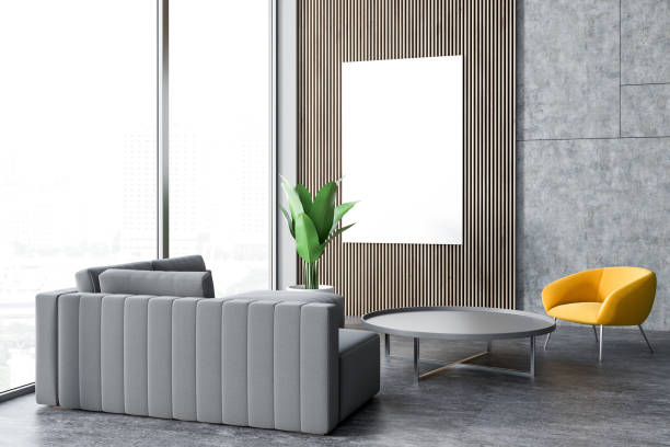 istock Gray sofa, yellow armchair panoramic living room 1053967676