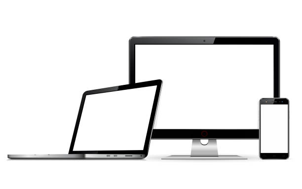 Computer display, laptop and smartphone with blank screen Modern computer display, laptop and smartphone with blank screen. Isolated on white background. netbook stock illustrations