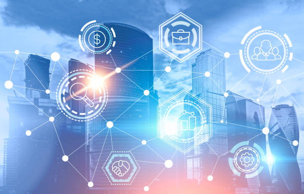 istock Business network icons over blue cityscape 1053969932